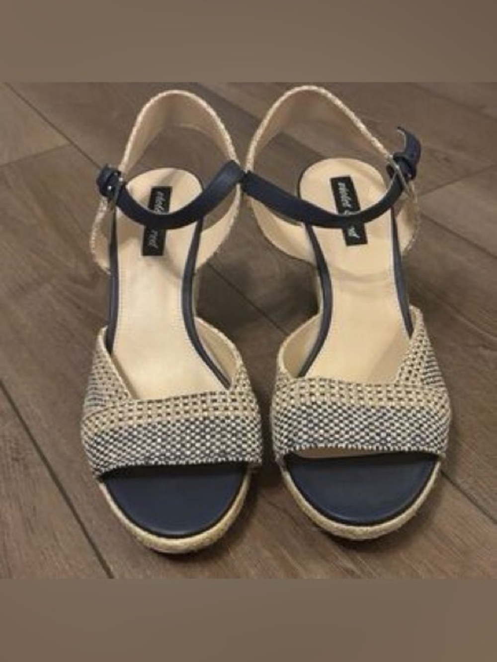 Violet & Red Micah Textured Stylish Espadrille Wedge Sandals in Navy and Tan.